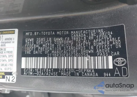 2005 Toyota Corolla Le z USA, uszkodzony, nr VIN 2T1BR30E85C360254